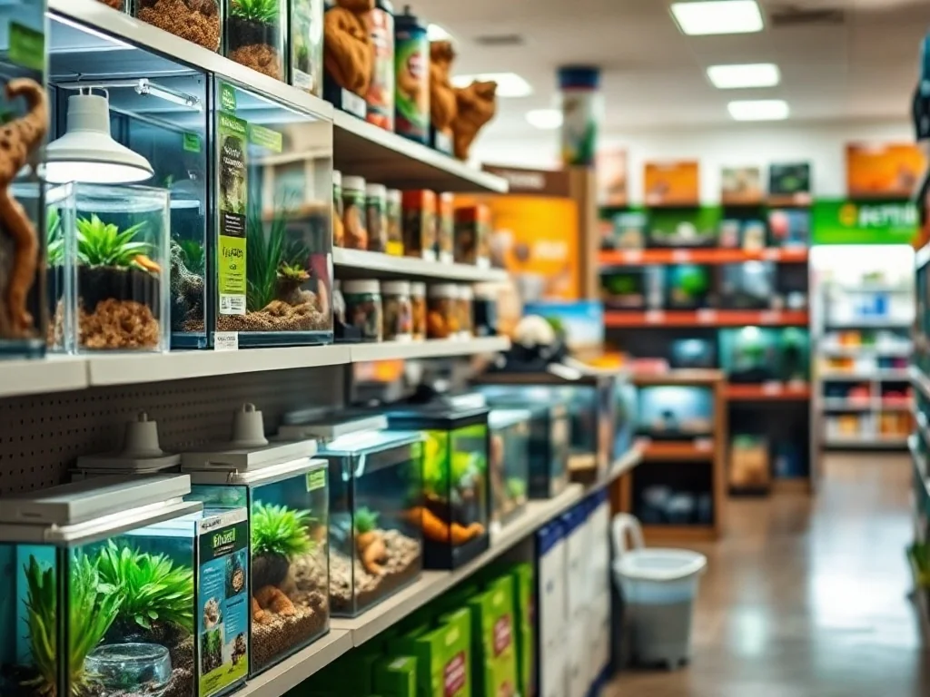 Jasny dział sklepu terrarystycznego z terrariami i akcesoriami dla gadów, zachęcający do wyboru odpowiednich produktów