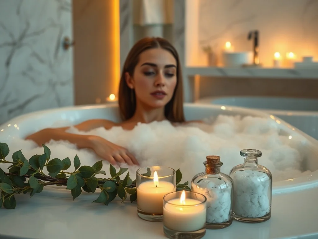 Kobieta relaksująca się w luksusowej wannie pełnej piany, otoczona świecami i akcesoriami spa w nowoczesnej łazience.