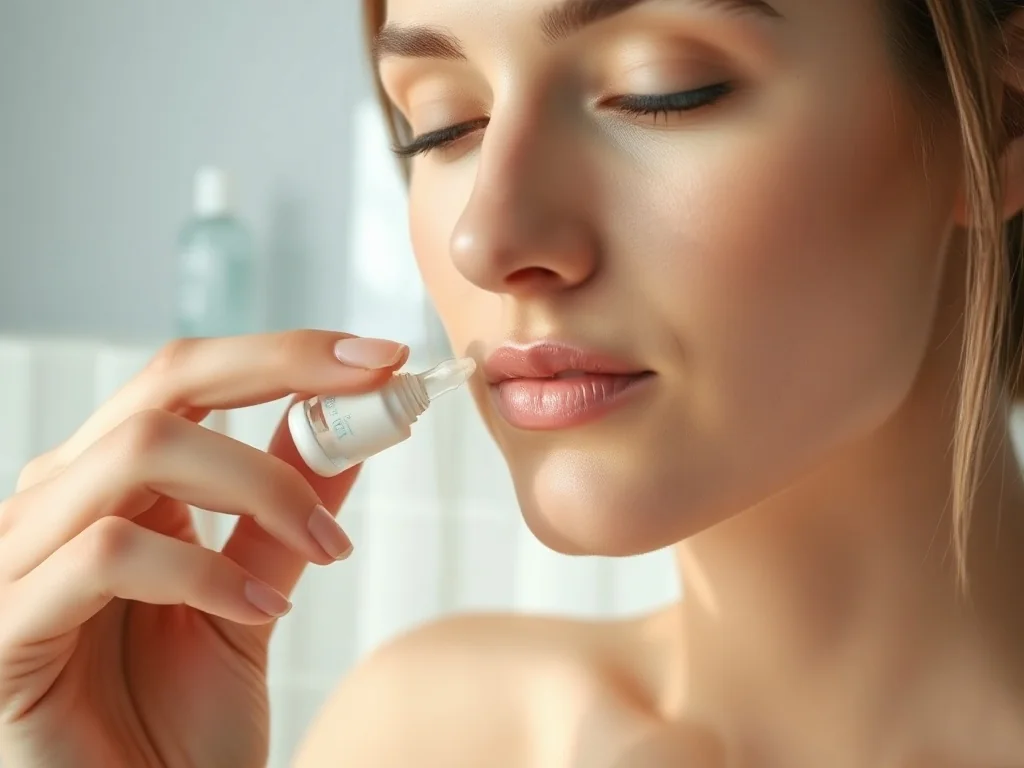 Kobieta nakładająca serum na zdrową, promienną cerę w jasnej, minimalistycznej łazience.