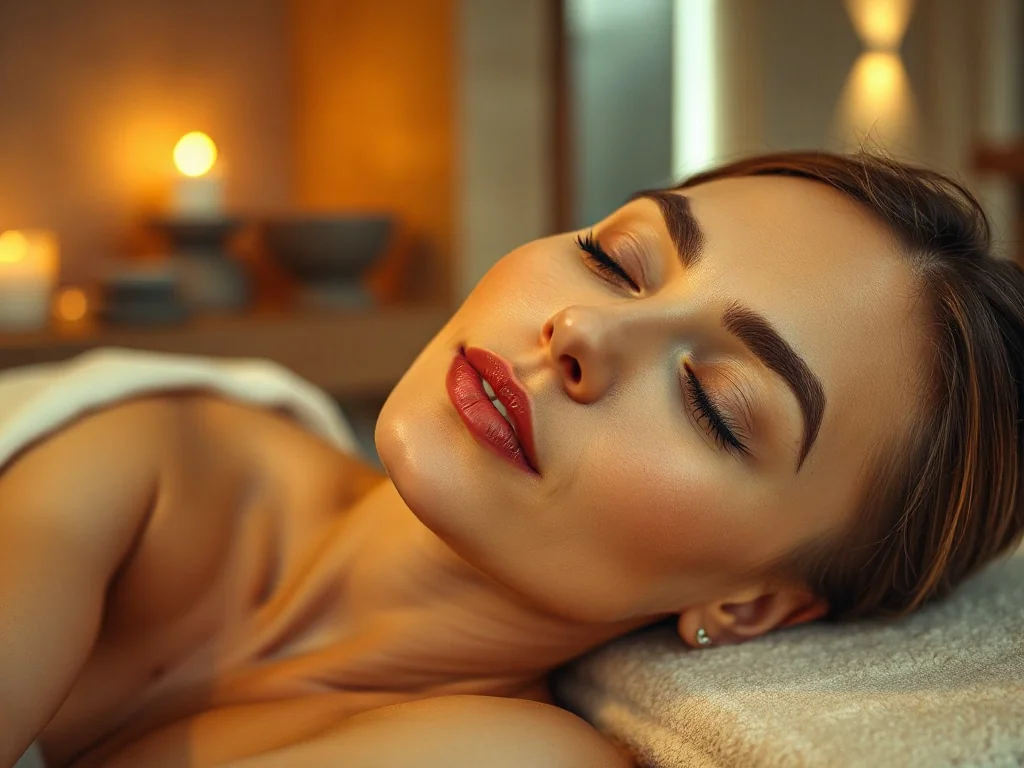 Kobieta z zamkniętymi oczami relaksuje się na stole do masażu w przytulnym, klimatycznym wnętrzu spa.