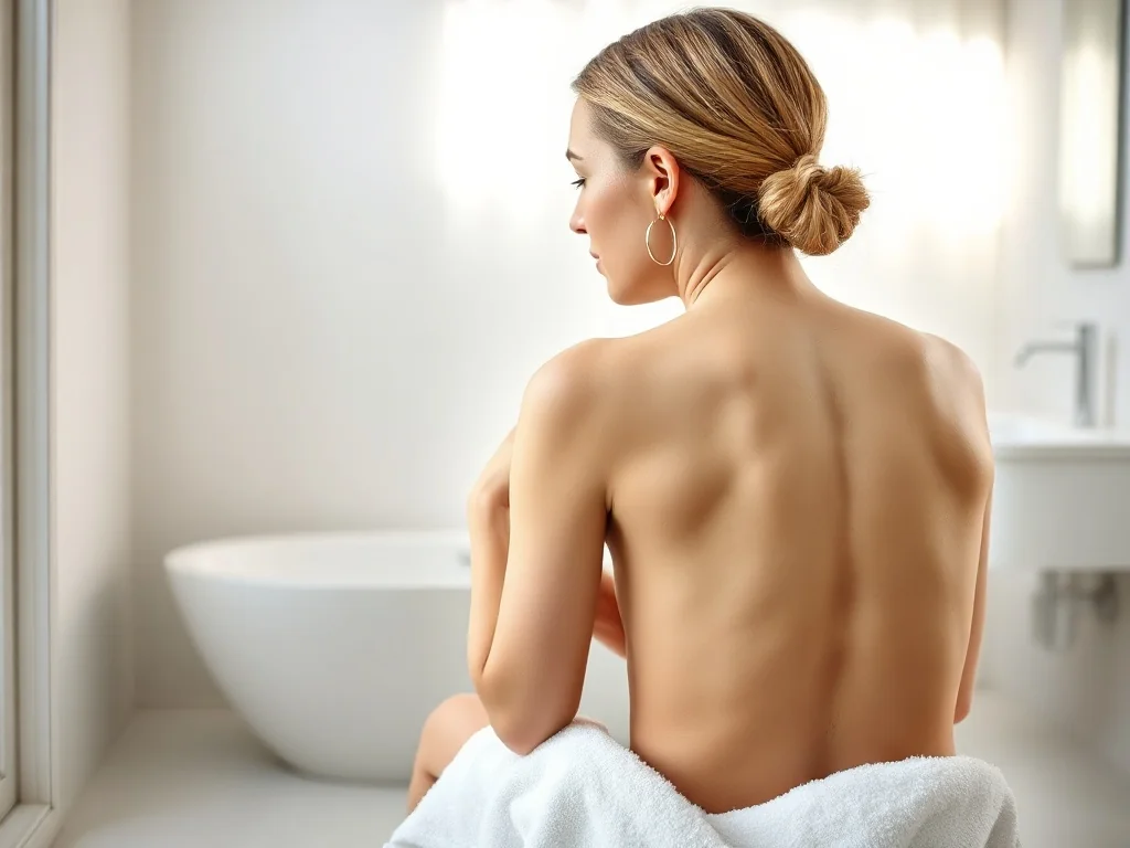 Kobieta siedząca na białym ręczniku w jasnej łazience, ilustrująca temat pielęgnacji skóry i problemów dermatologicznych.