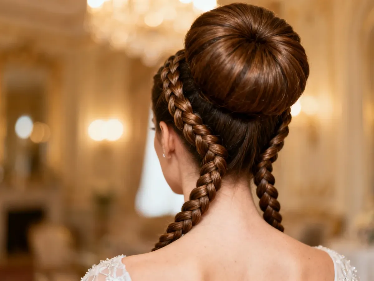 Wysoki elegancki kok z warkoczami na uroczystą okazję
