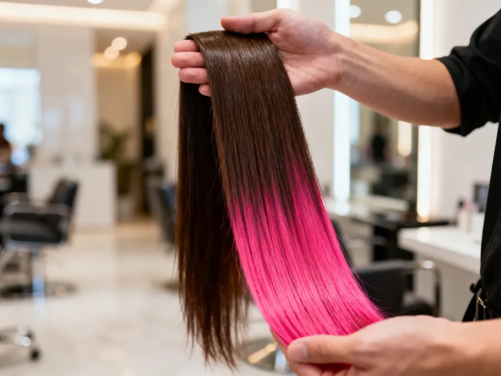 Dłoń stylisty odsłaniająca intensywnie różowe pasma ukryte pod naturalną, ciemnobrązową warstwą włosów w technice peekaboo.